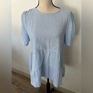 Culture Seersucker L Blue and White Striped Peplum Top